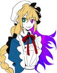  1girl apron blonde_hair blue_dress blue_sleeves braid collar collared_dress dress dual-personality_maid_amy frilled_apron frills green_eyes guardian_tales hat heterochromia highres juliet_sleeves long_hair long_sleeves looking_at_viewer maid mob_cap multicolored_hair nervous_smile open_mouth puffy_sleeves purple_hair simple_background single_braid smile solo split_theme sweat teeth tiankong_yiji two-tone_hair upper_body very_long_hair violet_eyes white_apron white_background white_collar white_headwear 