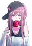  1girl absurdres bare_shoulders baseball_cap blue_eyes brown_hair candy_apple detached_sleeves double-parted_bangs food hair_between_eyes hat highres holding long_hair looking_at_viewer mnetyara multicolored_eyes open_mouth original pink_eyes shirt sideways_hat solo teeth upper_teeth_only 