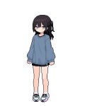  1girl black_hair black_shorts blue_eyes blue_sweater blush clenched_hands full_body legs long_hair long_sleeves no_entity one_side_up original pixel_art shoes short_shorts shorts sneakers socks solo standing sweater transparent_background 