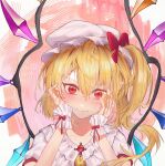  1girl absurdres ascot crystal fang flandre_scarlet hand_on_own_face hat highres medium_hair pointy_ears red_eyes red_ribbon ribbon side_ponytail skin_fang solo touhou upper_body yellow_ascot zealh233 