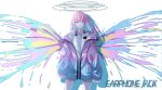  1girl absurdres angel angel_wings bare_legs black_undershirt blue_eyes blue_hair blue_halo colored_inner_hair copyright_request earphones earphones english_commentary english_text halo heart highres jacket light_blue_hair light_blue_jacket long_hair looking_at_viewer mnetyara multicolored_hair multicolored_wings open_clothes open_jacket original pink_hair pink_jacket shirt single_bare_shoulder sleeves_past_fingers sleeves_past_wrists smile solo standing white_shirt wings 
