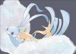  altaria beak bird_tail black_eyes blue_skin clouds colored_skin commentary_request facial_mark fireblast fluffy grey_background highres jirachi no_humans pokemon pokemon_(creature) simple_background tail tanzaku white_skin wings 