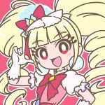  1girl aisaki_emiru blonde_hair blunt_bangs blush bow bright_pupils collar cure_macherie drill_hair earrings eyelashes frills gloves hair_bow hair_ornament hand_on_own_hip high_collar highres hugtto!_precure index_finger_raised jewelry long_hair looking_at_viewer magical_girl mayena open_mouth outline pom_pom_(clothes) pom_pom_earrings precure puffy_short_sleeves puffy_sleeves red_background red_eyes red_lips short_sleeves signature simple_background smile solo twintails upper_body white_gloves white_outline white_pupils 
