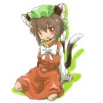  1girl :d animal_ear_fluff animal_ear_piercing animal_ears arm_support bow bowtie breasts brown_hair cat_ears cat_tail chen colored_shadow commentary_request drop_shadow earrings fang full_body gold_trim green_headwear hair_between_eyes hat jewelry looking_at_viewer medium_breasts mob_cap multiple_tails nekomata raino red_eyes red_skirt red_vest shadow short_hair simple_background single_earring sitting skirt skirt_set smile solo tail touhou two_tails vest wariza white_background white_bow white_bowtie 
