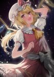  1girl ascot blonde_hair crystal dress eroriru flandre_scarlet hand_up happy hat long_hair night night_sky open_mouth red_dress red_eyes red_ribbon ribbon side_ponytail sky solo star_(sky) starry_sky touhou white_ribbon yellow_ascot 