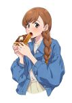  1girl adzuki_bean blue_jacket blush braid bread bread_slice brown_eyes brown_hair butter cropped_torso eating edomon-do food grey_shirt hair_over_shoulder hands_up highres holding holding_food jacket kurumi_(mona_lisa_no_zaregoto) long_hair long_sleeves looking_at_viewer mona_lisa_no_zaregoto open_mouth orange_eyes pleated_skirt shirt simple_background skirt solo toast twin_braids twintails upper_body white_background 