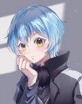  1other alternate_hair_length alternate_hairstyle androgynous black_coat blue_hair bob_cut chocoeiru coat colored_eyelashes hair_between_eyes highres long_sleeves rimuru_tempest short_hair tensei_shitara_slime_datta_ken yellow_eyes 