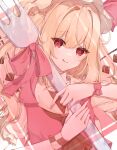  1girl absurdres ascot blonde_hair flandre_scarlet fork heart heart-shaped_pupils highres holding holding_fork long_hair pink_ribbon red_eyes ribbon solo symbol-shaped_pupils tongue tongue_out touhou user_yspn8528 