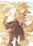  2boys absurdres animal_ears barefoot black_hakama blonde_hair carrying carrying_person closed_eyes colored_tips commentary_request forked_eyebrows fox_boy fox_ears fox_tail hakama highres hug japanese_clothes kemonomimi_mode kimetsu_no_yaiba kimono large_tail long_hair long_sleeves male_focus meremero multicolored_hair multiple_boys multiple_tails redhead rengoku_kyoujurou rengoku_senjurou socks standing tail translation_request white_socks wide_sleeves 