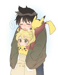  1boy 1girl ahoge black_hair blonde_hair blush chuchu_(pokemon) flower highres hug jacket pika_(pokemon) pikachu pokemon pokemon_(creature) pokemon_adventures red_(pokemon) scarf shared_clothes shared_jacket sigh tsukimi_(tkm_516) yellow_(pokemon) yellow_eyes 