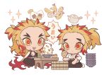  2boys :d black_hakama black_jacket black_pants blonde_hair bowl brothers cape chibi chopsticks closed_mouth colored_tips commentary_request cup demon_slayer_uniform food forked_eyebrows full_body hakama highres holding holding_chopsticks jacket japanese_clothes kimetsu_no_yaiba kimono long_sleeves male_focus meremero multicolored_hair multiple_boys onigiri open_mouth pants redhead rengoku_kyoujurou rengoku_senjurou rice_bowl shrimp shrimp_tempura siblings simple_background sitting smile sparkle table teapot tempura translation_request white_background white_cape wooden_spoon yunomi 