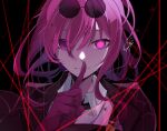  1girl black_background collared_shirt commentary empty_eyes eyewear_on_head finger_to_mouth gloves goma_irasuto heterochromia highres honkai:_star_rail honkai_(series) jacket kafka_(honkai:_star_rail) long_hair looking_at_viewer pink_eyes portrait purple_gloves purple_hair purple_jacket round_eyewear shirt signature simple_background smile solo string sunglasses tinted_eyewear upper_body violet_eyes white_shirt 