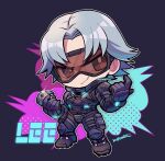  1boy :3 beckoning black_bodysuit bodysuit character_name chibi closed_mouth full_body goggles grey_hair holding kotorai lee_chaolan male_focus no_nose purple_background short_hair signature solo standing tekken v-shaped_eyebrows 