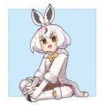  1girl animal_ears blue_background boots bow bowtie brown_eyes elbow_gloves extra_ears ezo_mountain_hare_(kemono_friends) full_body gloves highres jacket kemono_friends looking_at_viewer pantyhose rabbit_ears rabbit_girl short_hair simple_background skirt solo sorairo_meronpan white_hair 