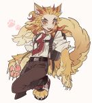  1boy absurdres animal_ears animal_feet animal_hands blonde_hair body_fur brown_pants claws collared_shirt colored_tips fang forked_eyebrows full_body highres kemonomimi_mode kimetsu_no_yaiba long_hair long_sleeves looking_at_viewer male_focus meremero multicolored_hair necktie open_mouth pants red_necktie redhead rengoku_kyoujurou shirt simple_background smile solo standing standing_on_one_leg tail white_background white_shirt yellow_eyes yellow_fur 