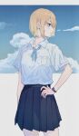  1girl absurdres blonde_hair blue_eyes blue_ribbon blue_sky breast_pocket buttons clouds collared_shirt earrings hand_on_own_hip highres jewelry looking_to_the_side medium_hair open_mouth original outdoors pleated_skirt pocket ribbon school_uniform shichi_(ratorin53) shirt shirt_tucked_in short_sleeves skirt sky solo stud_earrings watch watch 