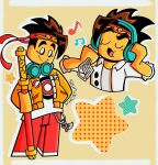  bandana blue_headphones blush charm_(object) chinese_text colored_skin eighth_note headphones keychain lego m4carunes mk_(monkie_kid) monkie_kid musical_note open_mouth pants red_pants smile spiky_hair staff star_(symbol) upper_body yellow_background yellow_skin 