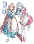 2girls ahute alternate_costume apron black_ribbon blue_dress blue_eyes blue_footwear blue_hair braid closed_mouth dress enmaided frilled_apron frills hair_intakes highres holding holding_sign light_blue_hair long_hair looking_at_viewer maid maid_apron maid_headdress multiple_girls orange_hair original pink_dress pink_eyes pink_footwear puffy_short_sleeves puffy_sleeves ribbon ringlets short_sleeves sign smile standing teeth thigh-highs twin_braids very_long_hair waist_apron white_apron 