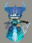 1girl arm_guards black_eyes blue_dress blue_eyes blunt_bangs dota_(series) dota_2 dress earrings edich_art electricity fang full_body genderswap genderswap_(mtf) grey_background highres hime_cut holding holding_whip jewelry long_hair looking_at_viewer open_mouth razor_(dota) simple_background solo v-shaped_eyebrows 