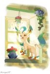  animal_focus artist_name border brown_eyes brown_fur closed_mouth commentary_request hanging_plant highres indoors leafeon no_humans oddish open_mouth pokemon pokemon_(creature) red_eyes rongai28 smile sunlight tail twitter_username white_border window 