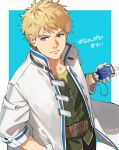  1boy artist_name belt black_pants blonde_hair blue_background blue_eyes border closed_mouth collarbone collared_jacket commentary_request eiyuu_densetsu green_shirt hand_in_pocket jacket male_focus open_clothes open_jacket outside_border pants sawaponu3 sen_no_kiseki shirt short_hair simple_background smile solo toval_randonneur translation_request upper_body white_border white_jacket 