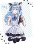  1other alternate_costume androgynous animal_ear_fluff animal_ears apron black_shirt black_skirt black_thighhighs blue_bow blue_bowtie blue_hair bow bowtie cat_ears cat_tail chocoeiru enmaided floating_hair frilled_skirt frills highres long_hair looking_at_viewer maid maid_headdress miniskirt paw_print paw_print_background rimuru_tempest shirt short_sleeves skirt striped striped_background tail tensei_shitara_slime_datta_ken thigh-highs white_apron wing_collar wrist_cuffs zettai_ryouiki 