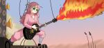  1girl :o amogan bocchi_the_rock! commentary english_commentary fire gotoh_hitori gradient_sky green-framed_eyewear guitar highres holding holding_guitar holding_instrument instrument long_hair mad_max mad_max:_fury_road music pajamas parody parted_lips pink_hair pink_pajamas playing_instrument scene_reference sky solo star-shaped_eyewear sunglasses 