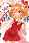  1girl absurdres cowboy_shot crystal dress flandre_scarlet hat highres iris_(airisu495) looking_at_viewer medium_hair one_eye_closed open_mouth reaching reaching_towards_viewer red_dress red_ribbon ribbon side_ponytail solo speech_bubble touhou 