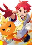  1boy :d blurry blush brown_eyes buttons crispin_(pokemon) fire frying_pan gloves happy highres jacket male_focus minoryu-chan neckerchief open_mouth partially_fingerless_gloves pokemon pokemon_sv red_gloves red_pupils redhead short_hair short_sleeves shorts smile teeth tongue torchic white_background white_jacket yellow_neckerchief 