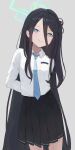  1girl absurdres aris_(blue_archive) arms_behind_back black_hair blue_archive blue_eyes blush collared_shirt cowboy_shot hair_ribbon halo highres kumare_yuki long_bangs long_hair necktie one_side_up pleated_skirt ribbon shirt shirt_tucked_in skirt smile solo very_long_hair 