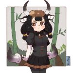  1girl animal_ears banteng_(kemono_friends) black_hair bow bowtie brown_eyes cow_ears cow_girl cow_horns dress elbow_gloves extra_ears gloves highres horns kemono_friends long_hair looking_at_viewer outdoors pantyhose ribbon simple_background skirt solo sorairo_meronpan twintails weapon 