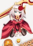  1girl absurdres aqua_eyes cosette_schneider crown_of_thorns destiny_(takt_op.) detached_sleeves dress eyeshadow flower food_in_mouth hair_ornament highres long_sleeves looking_at_viewer makeup mashuretsu red_dress red_eyeshadow red_flower rose sitting solo takt_op. wariza 