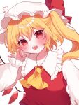  1girl blonde_hair cowboy_shot crystal dress fangs flandre_scarlet hand_up hat medium_hair open_mouth red_dress red_eyes red_ribbon ribbon side_ponytail simple_background siomi_403 solo touhou white_background 