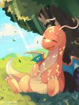  animal_focus artist_name blue_sky claws closed_eyes clouds colored_skin commentary_request dragon dragon_wings dragonite falling_leaves highres leaf no_humans on_grass orange_skin pokemon pokemon_(creature) rongai28 sitting sky sleeping tail tree twitter_username wings 