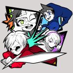  2boys 2girls animal_ears black_hair blue_eyes blue_hood blue_shirt buck_teeth cape closed_mouth colored_skin commentary_request dave_strider dog_ears finger_frame glasses green_eyes grey_background hairband holding holding_sword holding_weapon homestuck jade_harley john_egbert light_frown limited_palette looking_at_viewer multiple_boys multiple_girls nijuu open_mouth purple_hairband rectangular_eyewear red_cape red_tunic rose_lalonde round_eyewear semi-rimless_eyewear shirt smile sunglasses sword teeth under-rim_eyewear upper_teeth_only v-shaped_eyebrows violet_eyes weapon white_hair white_skin 