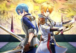  2boys aiguillette back-to-back blonde_hair blue_hair brown_gloves cedric_reise_arnor chiga_akira coat commission dual_wielding eiyuu_densetsu gloves hair_between_eyes highres holding holding_sword holding_weapon kurt_vander multiple_boys sen_no_kiseki sen_no_kiseki_iv skeb_commission sleeves_rolled_up sword weapon 