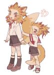 2boys absurdres aged_down alternate_costume animal_ears bandaid bandaid_on_knee bandaid_on_leg between_legs blonde_hair brown_footwear collared_shirt colored_tips commentary_request crying crying_with_eyes_open forked_eyebrows fox_boy fox_ears fox_tail full_body highres hugging_another&#039;s_tail hugging_tail kemonomimi_mode kimetsu_no_yaiba kneehighs loafers long_hair long_sleeves looking_back male_focus meremero multicolored_hair multiple_boys neck_ribbon open_mouth red_eyes red_ribbon redhead rengoku_kyoujurou rengoku_senjurou ribbon sailor_collar sailor_shirt shirt shoes short_sleeves simple_background smile sneakers socks standing tail tail_between_legs tears translation_request white_background white_shirt 