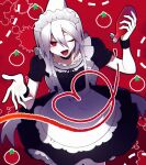  1boy back_bow black_choker black_dress black_outline black_ribbon black_wrist_cuffs bottle bow choker collarbone colored_skin dress fang from_above funamusea highres holding holding_bottle hoshimi_(hosizorarara) ketchup maid maid_headdress one_eye_closed oounabara_to_wadanohara open_mouth otoko_no_ko outline red_background red_eyes ribbon shark_boy shark_fin short_hair solo syake_(wadanohara) tomato tomato_sauce white_bow white_hair white_skin wrist_cuffs 