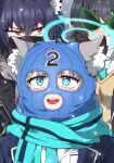  3girls :d absurdres animal_ear_fluff animal_ears ayane_(blue_archive) balaclava black_hair blue_archive blue_eyes blue_scarf cat_ears cat_girl collared_shirt commentary_request devil_yanghyeok grey_hair hair_between_eyes halo highres long_hair long_sleeves looking_at_viewer mask medium_hair mismatched_pupils mouth_mask multiple_girls necktie red_eyes scarf school_uniform serika_(blue_archive) shiroko_(blue_archive) shirt sidelocks smile snowing sunglasses twintails wolf_ears wolf_girl 