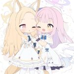  2girls animal_ear_fluff animal_ears blonde_hair blue_archive blush capelet dress feathered_wings fox_ears fox_tail halo highres long_hair long_sleeves mika_(blue_archive) multiple_girls one_eye_closed open_mouth pantyhose parted_lips pink_hair pink_halo poco_(zdrq3) seia_(blue_archive) simple_background smile tail white_background white_capelet white_dress white_pantyhose white_wings wings yellow_eyes yellow_halo 