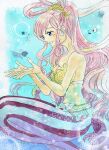  1girl blue_eyes commentary_request dated earrings fish fish_hair_ornament hagoromo hair_ornament hanakotoba28 highres jewelry long_hair looking_to_the_side mermaid monster_girl one_piece pink_hair profile seashell shawl shell shirahoshi 