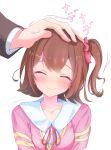 1boy 1girl ^_^ blush brown_hair cardigan closed_eyes collarbone commentary_request double-parted_bangs hand_on_another&#039;s_head headpat hetero highres idolmaster idolmaster_million_live! kasuga_mirai neck_ribbon one_side_up pink_cardigan ribbon saki_nerikeshi simple_background smile upper_body white_background 