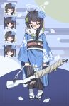  1girl absurdres ahoge black_footwear black_hair black_pants blue_archive blue_background blue_kimono bow braid closed_eyes closed_mouth crying egasumi facepaint flower full_body fur-trimmed_kimono fur_trim green_bow grey_halo gun hakama hakama_pants halo highres holding holding_gun holding_weapon hydrangea hydrangea_hair_ornament japanese_clothes kimono leaf leaf_background leaf_on_head leaf_print miyu_(blue_archive) multiple_views nervous_sweating new_year obi open_mouth pants rabbit_ornament raised_eyebrows red_eyes reflector178 rifle runny_nose sash scared single_braid smile snot socks solo striped striped_pants sweat tabi tears turn_pale weapon white_socks zouri 