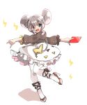  1girl :d animal_ears bag black_footwear brown_eyes card commentary_request full_body grey_hair grey_shirt handbag high_heels holding holding_card lightning_bolt_symbol mehisawanya mouse_ears personification pokemon shirt skirt smile solo standing standing_on_one_leg thigh-highs togedemaru white_skirt white_thighhighs 