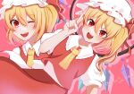  1girl ascot blonde_hair cowboy_shot crystal dress dutch_angle fang flandre_scarlet hat highres looking_at_viewer medium_hair mohuo495 one_eye_closed open_mouth red_eyes red_ribbon ribbon side_ponytail solo touhou yellow_ascot 