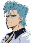  1boy bad_id bad_twitter_id bleach blue_eyeliner blue_eyes blue_hair close-up eyeliner grimmjow_jaegerjaquez hair_between_eyes highres looking_at_viewer makeup male_focus shirt short_hair solo white_shirt wudus6 