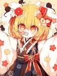  1girl alternate_costume blonde_hair blush bow chinese_lantern_(plant) dango dress_bow eating flower food fruit_hair_ornament hair_flower hair_ornament hair_ribbon hair_stick highres japanese_clothes leaf_hair_ornament long_sleeves looking_at_viewer medium_hair orange_eyes outstretched_arms red_bow red_flower ribbon ro.ro rumia skewer solo touhou wagashi white_flower wide_sleeves 