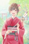  1girl arrow_(projectile) brown_eyes brown_hair day dragon flower hair_flower hair_ornament hamaya highres holding holding_arrow japanese_clothes k.nishiyama kimono long_sleeves looking_at_viewer nail_polish open_mouth original outdoors painting_(medium) sky smile solo torii traditional_media tree watercolor_(medium) wide_sleeves 