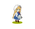  1girl apron back_bow blonde_hair blue_dress blue_sleeves boots bow bowtie braid brown_footwear closed_mouth collar collared_dress dress dual-personality_maid_amy frilled_dress frills from_behind frown full_body green_eyes guardian_tales hat highres holding holding_plate knee_boots light_blush long_hair long_sleeves looking_at_viewer looking_back maid medium_dress mob_cap plate puffy_long_sleeves puffy_sleeves red_bow red_bowtie simple_background solo tiankong_yiji twin_braids very_long_hair white_apron white_background white_bow white_collar white_headwear 