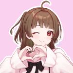  1girl ahoge blunt_bangs blush bow bowtie brown_hair commission heart heart_hands long_hair long_sleeves looking_at_viewer one_eye_closed original pink_background red_eyes sailor_collar smile solo tokifuji_kougetsu two_side_up upper_body 